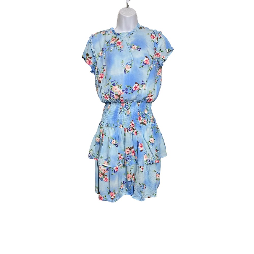 Gibson Dress Women's Small Floral Tiered Ruffle Smocked Waist Blue Casual